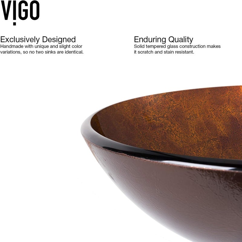 VIGO 17 L 17 W 11 H Giovanni Glass Round Vessel Sink Set in Golden Brown with Faucet and Drain VGT1077 - Image 5