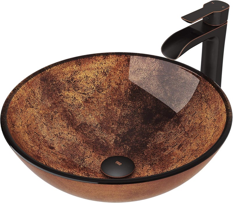 VIGO 17 L 17 W 11 H Giovanni Glass Round Vessel Sink Set in Golden Brown with Faucet and Drain VGT1077 - Image 1