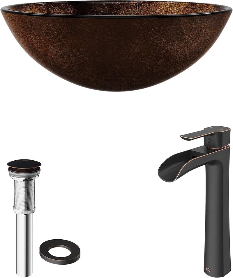 VIGO 17 L 17 W 11 H Giovanni Glass Round Vessel Sink Set in Golden Brown with Faucet and Drain VGT1077 - Image 4