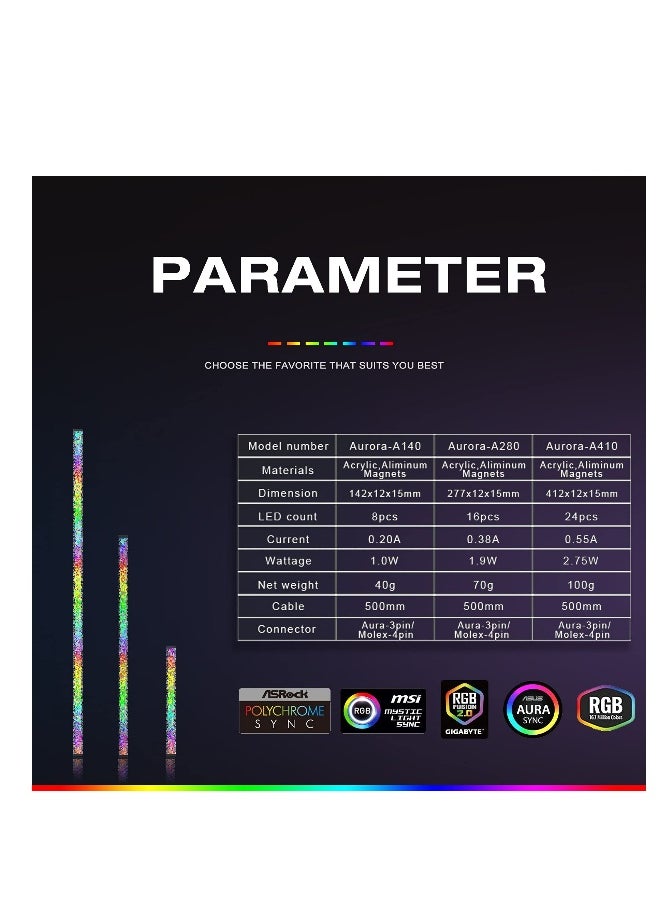 Acrylic ARGB LED Strip for Gaming Case with 5V 3-pin ARGB LED and 4-pin Header Adapter, Compatible with Aura SYNC, Gigabyte RGB Fusion, MSI Mystic Light Sync(280MM)