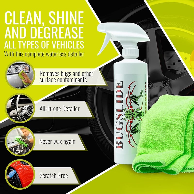 BugSlide 16 Oz Shop Kit Cleaner and Polisher with Microfiber Towel, Tree Sap Remover, Waterless Detailer for Removing Bugs Without Scratching, Shining and Degreasing All Surfaces - Image 3