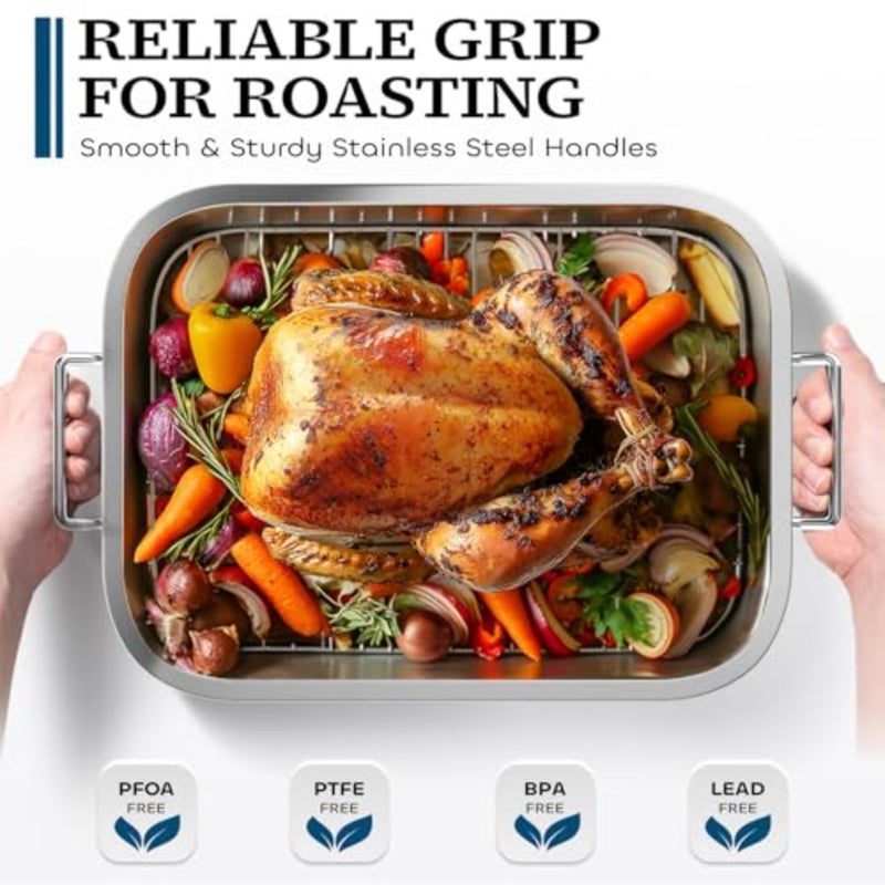Stainless Steel Roasting Pan with Baking Rack, Oven and Dishwasher Safe, Silver, Deep Non-Stick Grill and Lasagna Pan with Handles for Kitchen - Image 3