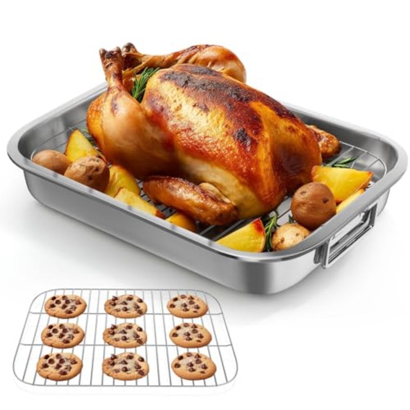 Stainless Steel Roasting Pan with Baking Rack, Oven and Dishwasher Safe, Silver, Deep Non-Stick Grill and Lasagna Pan with Handles for Kitchen - Image 1