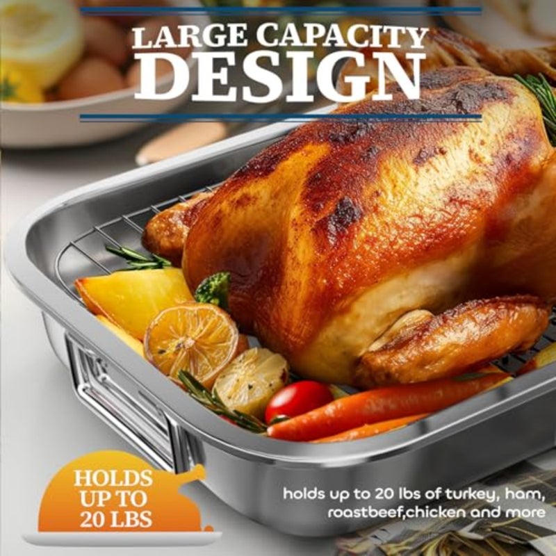 Stainless Steel Roasting Pan with Baking Rack, Oven and Dishwasher Safe, Silver, Deep Non-Stick Grill and Lasagna Pan with Handles for Kitchen - Image 2