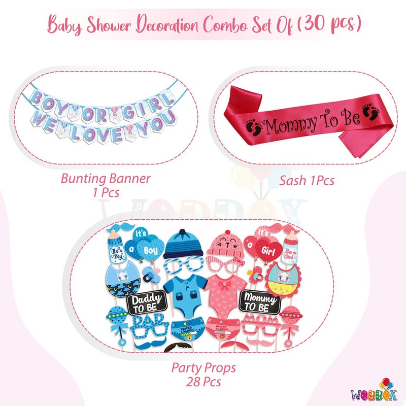 WOBBOX WOBBOX Baby Shower Combo of Party Props 28 Pcs & Boy Or Girl We Love You Bunting Banner, with Mommy to be Rose Red Sash Baby Shower Decoration Item (Pack of 3)  - Image 2