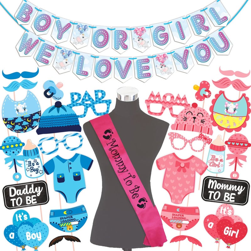 WOBBOX WOBBOX Baby Shower Combo of Party Props 28 Pcs & Boy Or Girl We Love You Bunting Banner, with Mommy to be Rose Red Sash Baby Shower Decoration Item (Pack of 3)  - Image 1