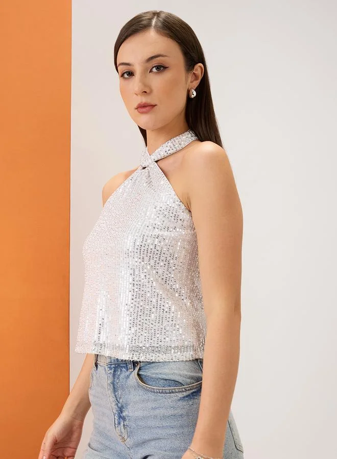 globus Women White Halter Neck Sequined Top