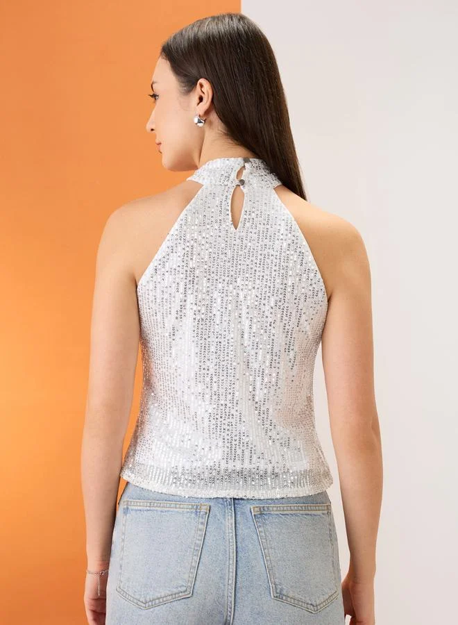 globus Women White Halter Neck Sequined Top