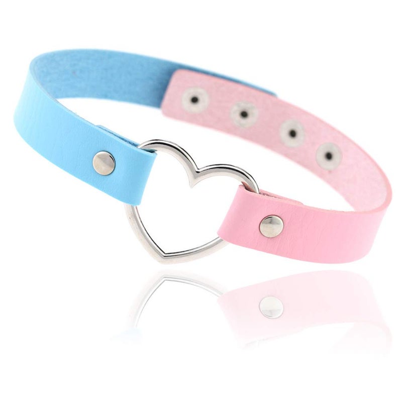 ETHOON Dual Color Love Heart PU Leather Choker Necklace Goth Choker Collar Chain Pink Blue - Image 1
