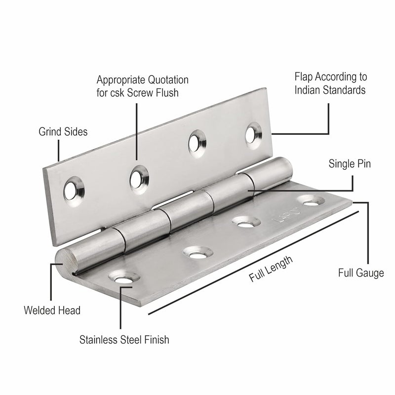 LAPO مفصلات أبواب من الفولاذ المقاوم للصدأ عالية الجودة، 4 بوصة × 14 قياس، سمك 2 مم، كابجة لأبواب خزائن الملابس، حركة ناعمة كابزة (4x14، تشطيب مطفي) - عبوة من 4 - Image 4