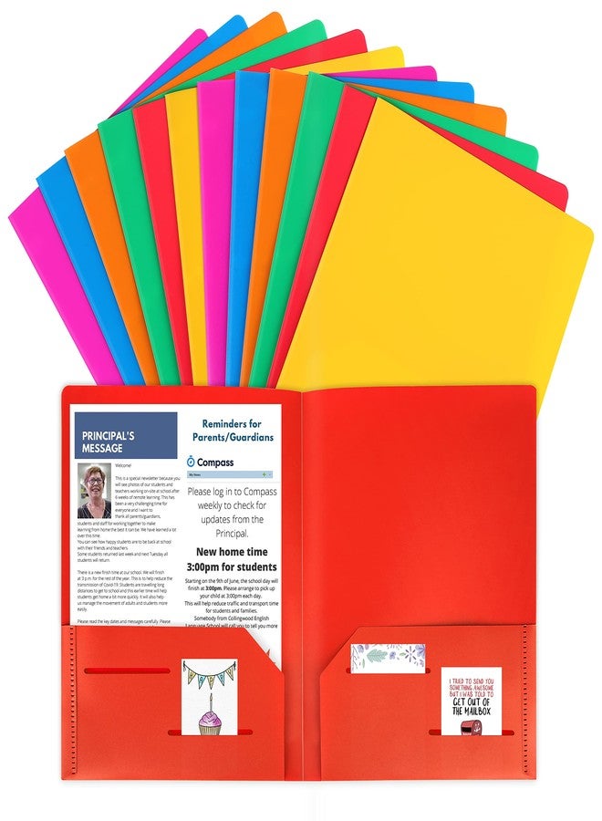 HABGP 12 Pack Plastic Folders with Pockets, Multiple Color Heavy Duty 2 Pocket Letter Size Folders Business Card Holder for School Office - Image 1