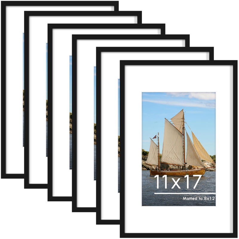 PEALSN 11x17 Picture Frame Set of 6 Display Pictures 8x12 with Mat or 11 x 17 without Mat for Wall Mounting Display Photo Frames Collage for Wall Decor Black
