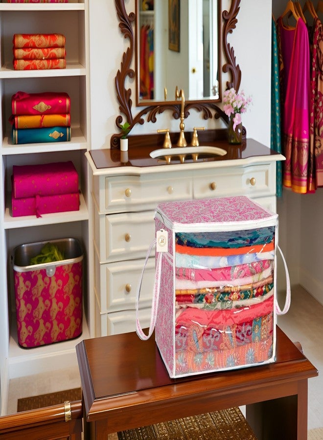 SHAPING FABRIC Pink Floral Fabric Saree Storage Bag with Transparent Front & Zipper Closure - Pack of 01 SF-SBB-1311 - Image 1