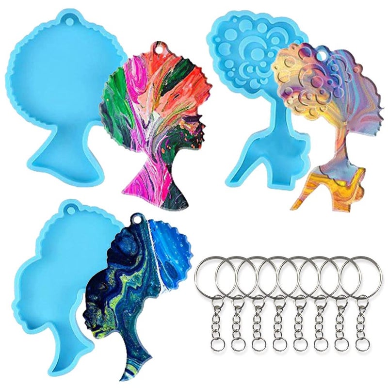 ALIBBON 3 Pcs Happy Kwanzaa African Woman Silicone Resin Molds African American Keychain Molds with Holes for Epoxy Resin Kit with 8 Key Rings for DIY Crafts Cake Biscuits Soap Making