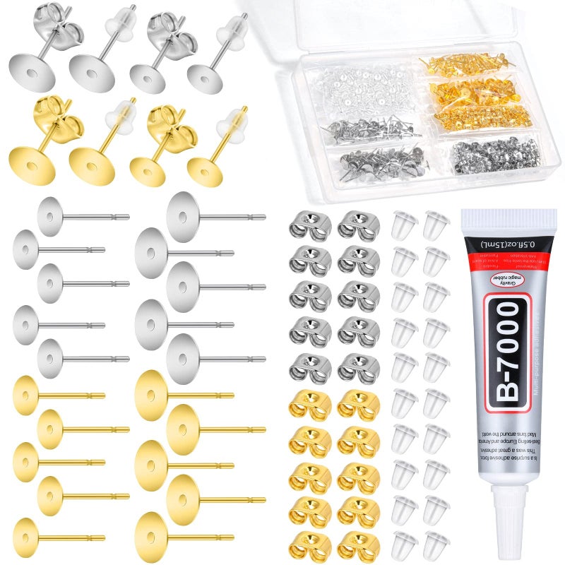 Anezus Jewelry Glue with 600pcs Stainless Steel Earring Posts and Backs Silver and Gold Posts with Rubber Backs for Jewelry Making