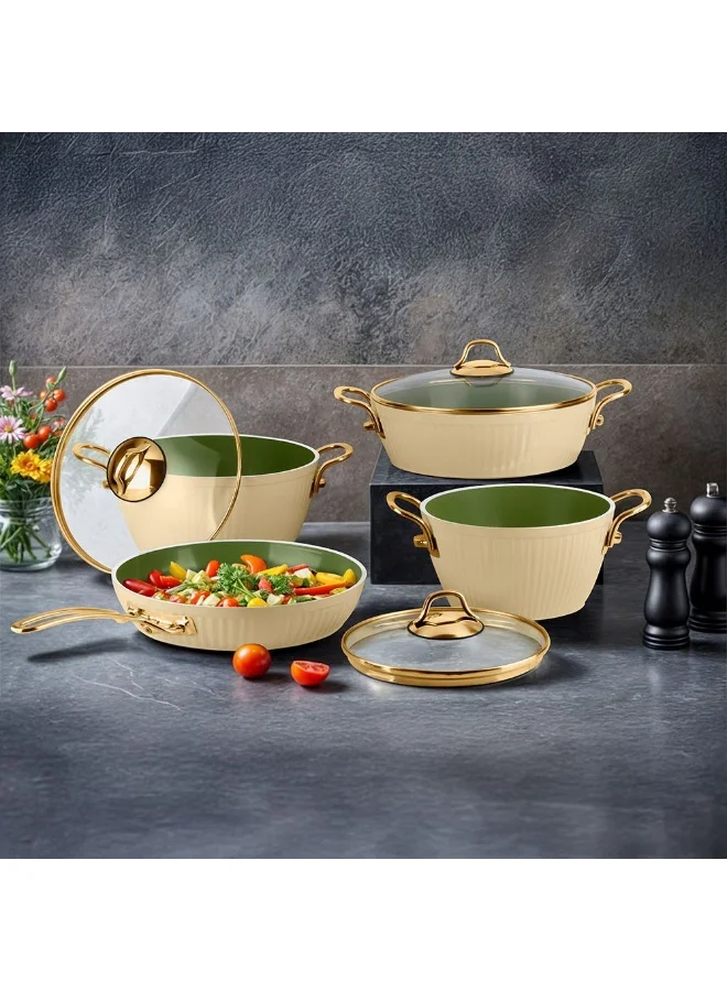 دانوب هوم Lines 7-Piece Maya Cookware Set – Non-Stick Ceramic Coating, PFOA Free – Healthy Cooking Pots & Pans Set for Home, Kitchen, Induction & Gas Stove Compatible - Cream