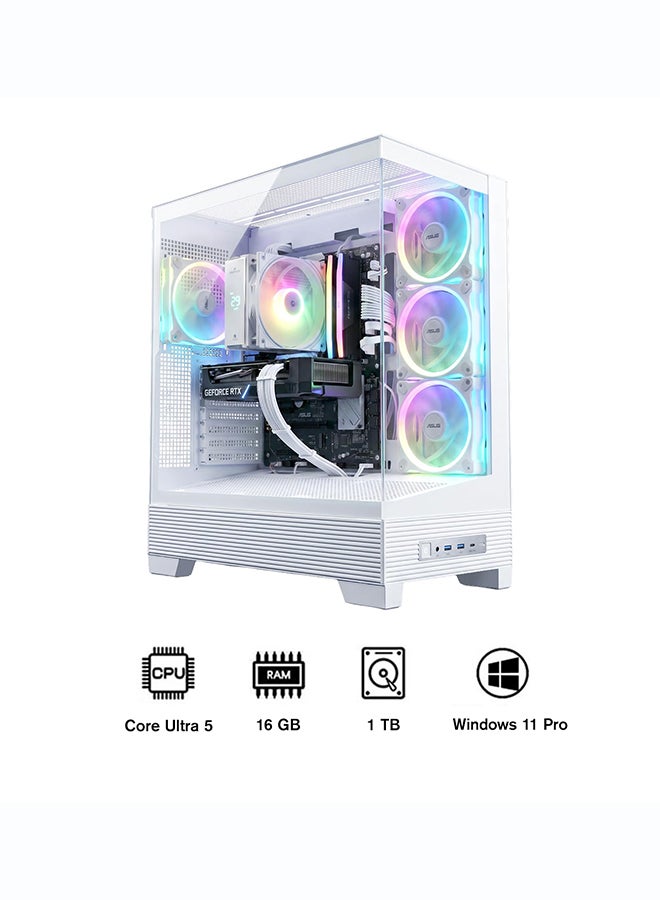 انفني ارك INFINIARC 5060 جهاز كمبيوتر مكتبي للألعاب (إنتل كور ألترا 5، بطاقة رسومات RTX 5060 8G، ذاكرة DDR5 بسعة 16GB، SSD بسعة 1TB، لوحة أم B860، صندوق ASUS A31، مبرد هوائي رقمي ARGB، مزود طاقة 750W Gold، ويندوز PRO) أبيض - Image 1