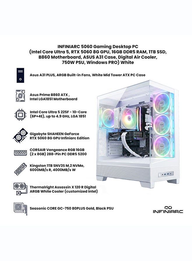 انفني ارك INFINIARC 5060 جهاز كمبيوتر مكتبي للألعاب (إنتل كور ألترا 5، بطاقة رسومات RTX 5060 8G، ذاكرة DDR5 بسعة 16GB، SSD بسعة 1TB، لوحة أم B860، صندوق ASUS A31، مبرد هوائي رقمي ARGB، مزود طاقة 750W Gold، ويندوز PRO) أبيض - Image 2