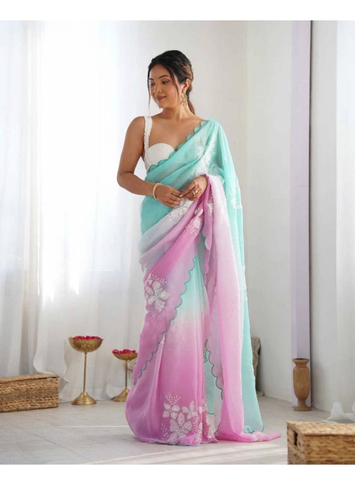 Luxury Crunchy Silk Saree with Multi-Thread Floral Embroidery & Scallop Araco Border | Fancy Satin Silk Blouse Piece | Festive & Party Wear (Blue Lavender) - Image 1