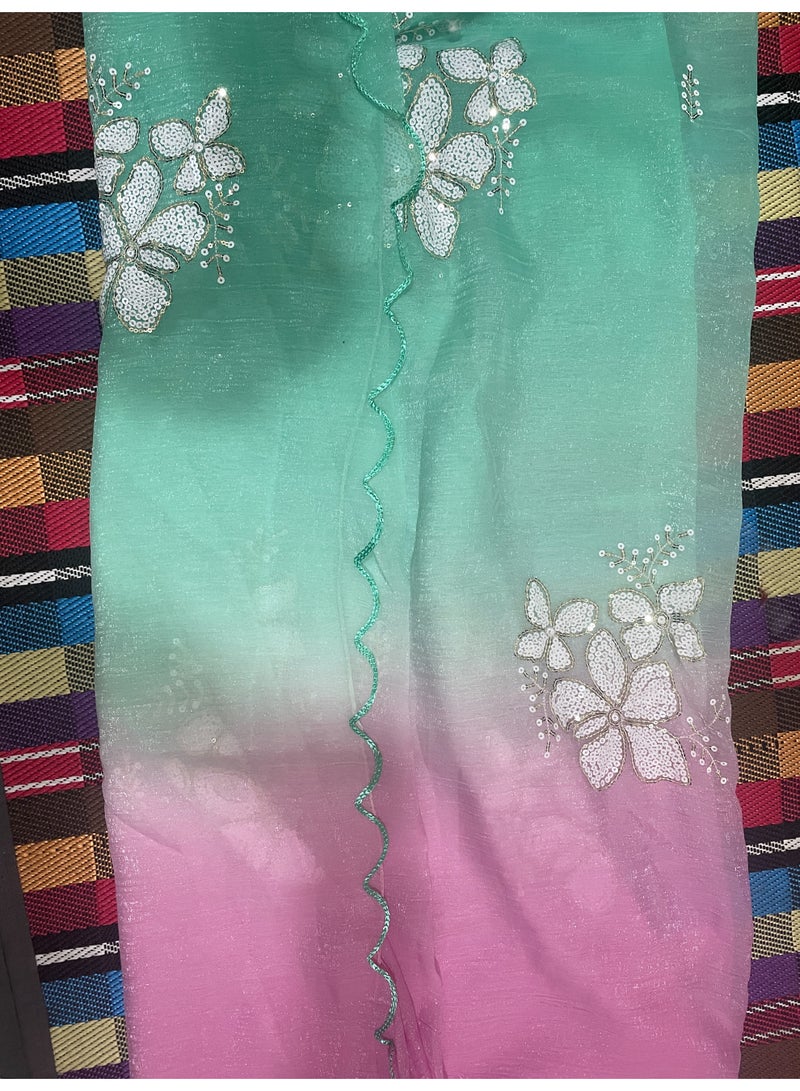 Luxury Crunchy Silk Saree with Multi-Thread Floral Embroidery & Scallop Araco Border | Fancy Satin Silk Blouse Piece | Festive & Party Wear (Blue Lavender) - Image 2