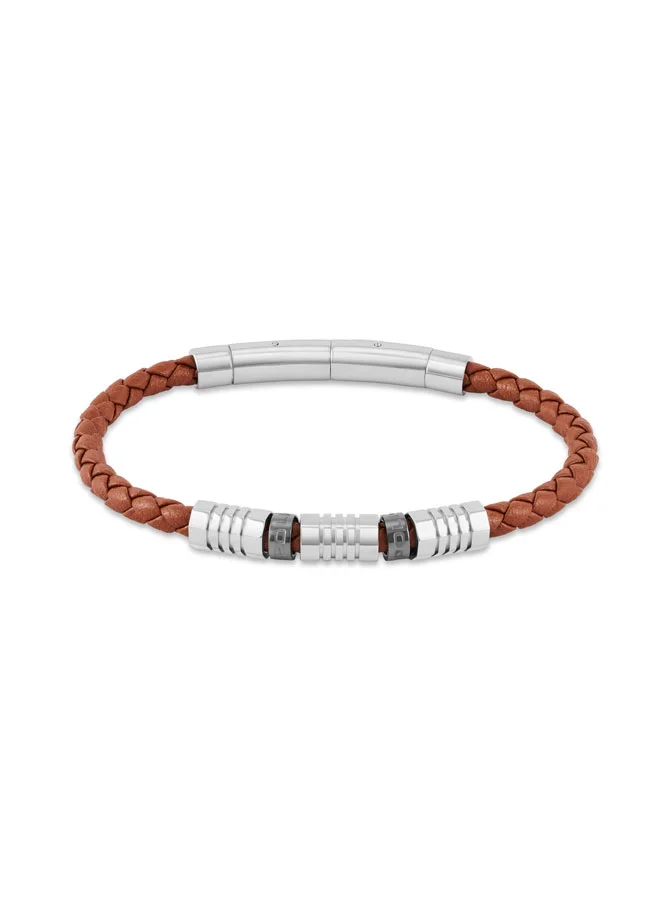 POLICE Pipeline Tan Braided Leather Bracelet for Men