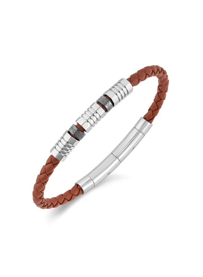 POLICE Pipeline Tan Braided Leather Bracelet for Men
