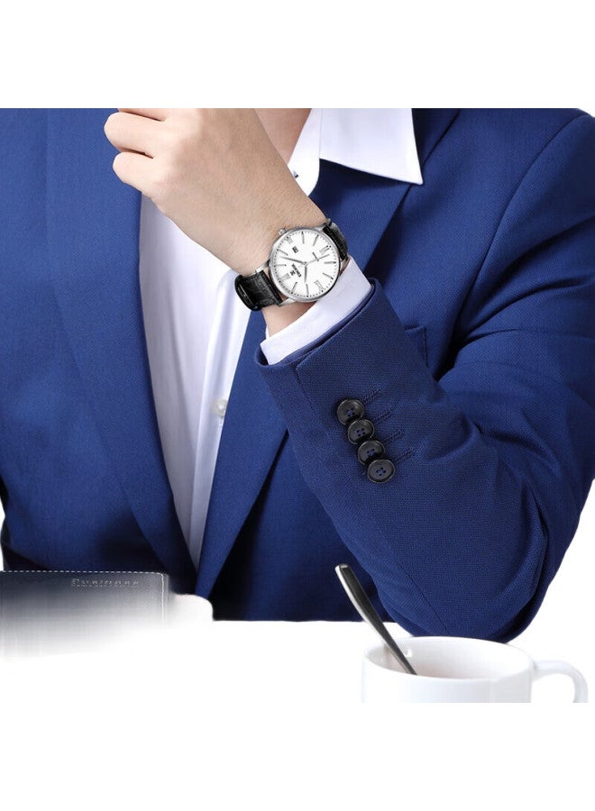 EBOHR Men'S Watch, Master Series White Leather Strap Quartz Student Watch, Holiday Gift For Men, 36070138 - Image 2