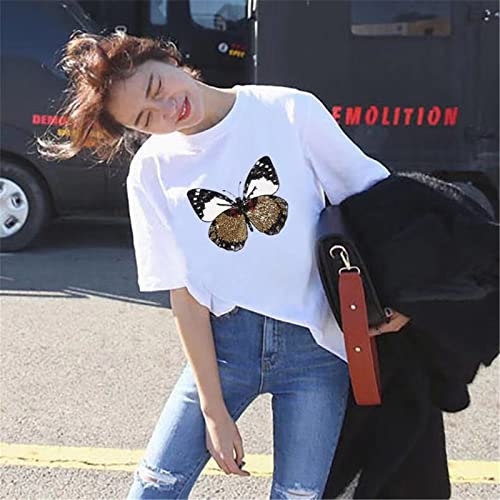 Huluth Iron on or Sew on Sequin Butterfly Patch Embroidered Patches Badge Motif Applique Compatible Clothing Jeans T-Shirt Sweater Hoodies (White&Gold) - Image 3