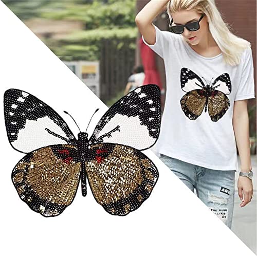 Huluth Iron on or Sew on Sequin Butterfly Patch Embroidered Patches Badge Motif Applique Compatible Clothing Jeans T-Shirt Sweater Hoodies (White&Gold) - Image 4