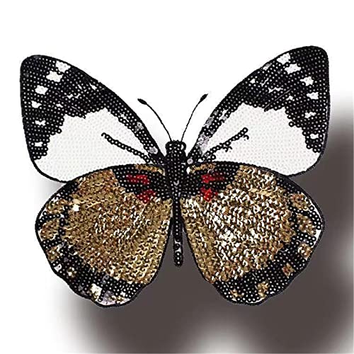 Huluth Iron on or Sew on Sequin Butterfly Patch Embroidered Patches Badge Motif Applique Compatible Clothing Jeans T-Shirt Sweater Hoodies (White&Gold) - Image 2