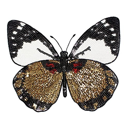 Huluth Iron on or Sew on Sequin Butterfly Patch Embroidered Patches Badge Motif Applique Compatible Clothing Jeans T-Shirt Sweater Hoodies (White&Gold) - Image 1