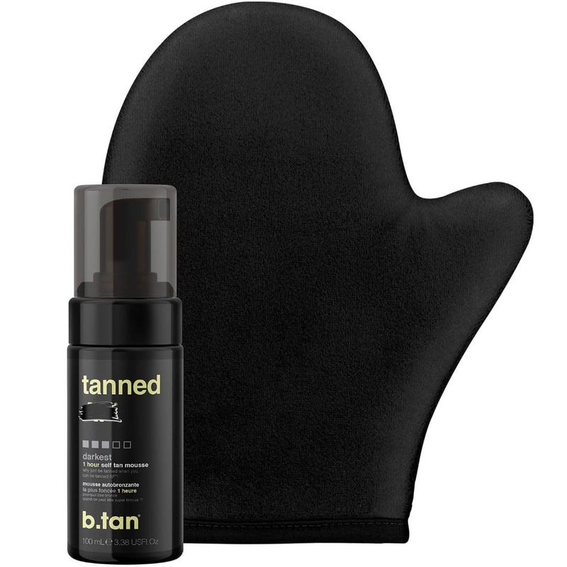 btan Dark Self Tanner Mini Kit Get Tanned Travel Bundle Mini Dark Self Tanner Mousse with Self Tanning Mitt Applicator 1 Hour Sunless Tanner Fast Self Tan Vegan Cruelty Free 3 Fl Oz