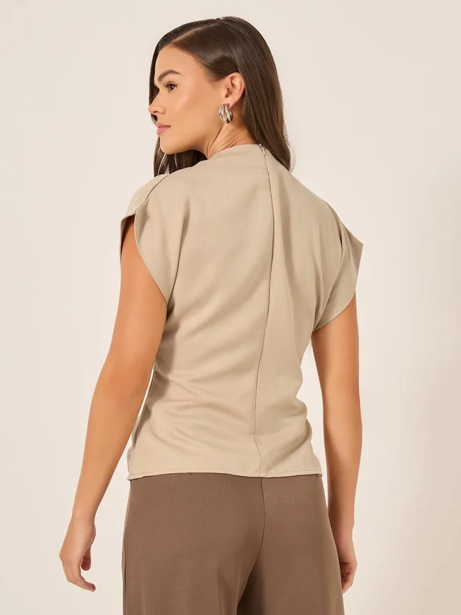 Styli Beige Styli High Neck Sleeveless Top With Belt Detail for Women | Best Price UAE