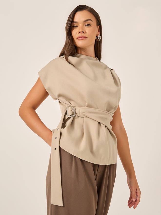 Styli High Neck Sleeveless Top With Belt Detail - Image 1