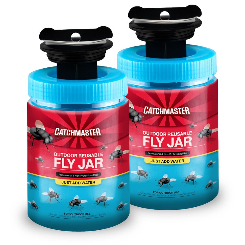 Catchmaster Fly Traps Outdoor 2-Pack with Airlock Lid for No-Mess Disposal, Pesticide-Free Hanging Fly Jars, Reusable Bug Catchers for Yard, Patio & Trash, Sets Up in Seconds - Image 1