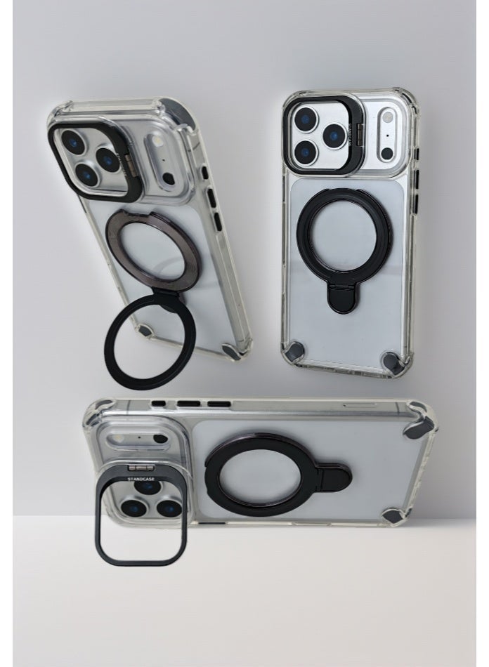 Case Compatible with Apple iPhone 17Pro Max, Dual Stands (Lens Stand and Back Plate Stand), Supports Magnetic Attraction and Wireless Charging, Transparent Back Panel, Fingerprint-Resistant, Non-Yellowing, Black Stands - Image 1