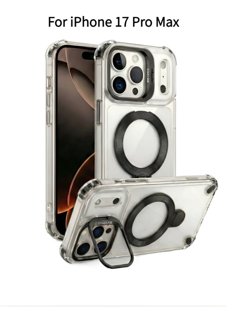 غطاء iPhone 17 Pro Max شفاف مقاوم للاصفرار - مواصفات عسكرية - متوافق مع MagSafe - مع حامل معدني وأنيق للمكالمات المرئية المكتبية (أسود) - Image 1