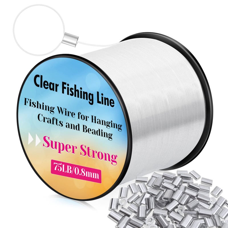 Acejoz Hanging Wire Clear, Acejoz Thick Fishing Line Nylon String Picture Frame Wire with 100Pcs Crimps Sleeves 70lb Invisible Line for Balloon Garland Picture Hanging Decoration and Crafts (656 Feet) - Image 1