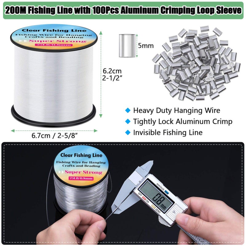 Acejoz Hanging Wire Clear, Acejoz Thick Fishing Line Nylon String Picture Frame Wire with 100Pcs Crimps Sleeves 70lb Invisible Line for Balloon Garland Picture Hanging Decoration and Crafts (656 Feet) - Image 3
