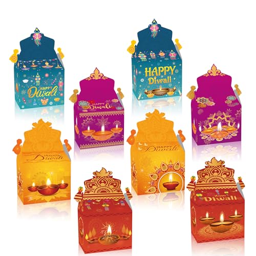 Apol 12 Pcs Happy Diwali Treat Box Indian Sweets Gift Box Gable Boxes Diwali Deepavali Party Favors Candy Goodie Box Snack Packaging Box for Indian Lights Festival Diwali Party Decorations Supplies - Image 1