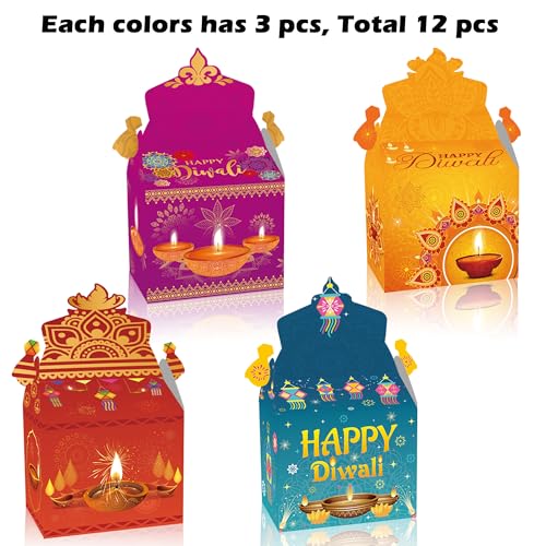 Apol 12 Pcs Happy Diwali Treat Box Indian Sweets Gift Box Gable Boxes Diwali Deepavali Party Favors Candy Goodie Box Snack Packaging Box for Indian Lights Festival Diwali Party Decorations Supplies - Image 4