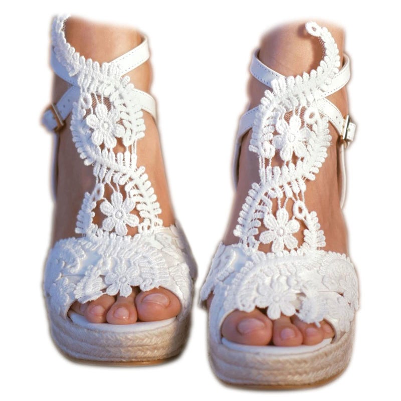 MiLanolce Women's Platform Sandals Wedge Open Toe Ankle Strap lace Wedding Shoes Bridesmaid Shoes,White,Size-7.5 - Image 1