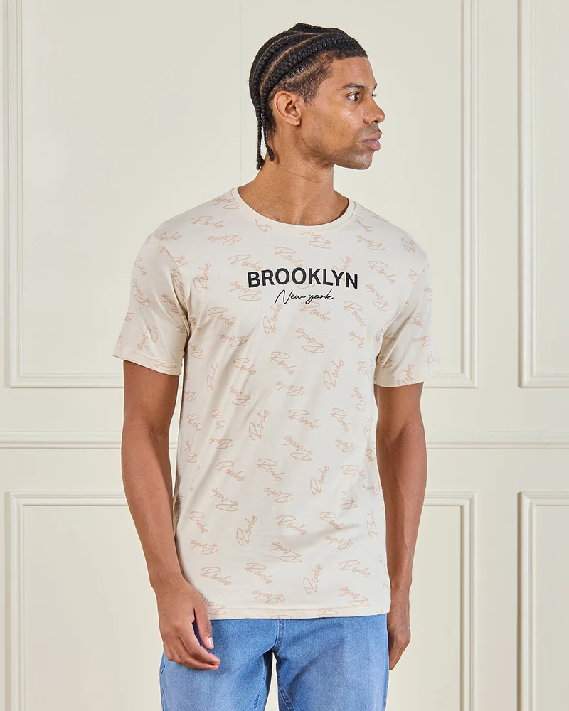 Redtag Men Beige Printed T-Shirt