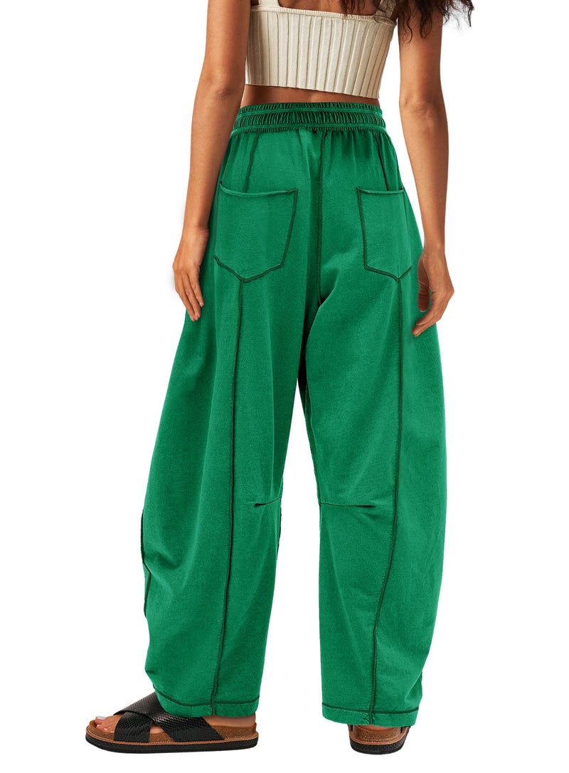 Yanekop Womens Baggy Wide Leg Pants Casual Fall Trousers Palazzo Pants Drawstring Waist Barrel Sweatpants with Pockets(Green,L) - Image 2