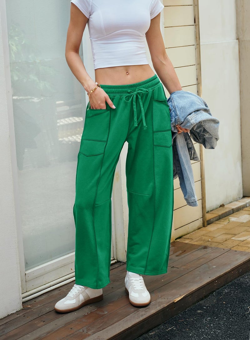 Yanekop Womens Baggy Wide Leg Pants Casual Fall Trousers Palazzo Pants Drawstring Waist Barrel Sweatpants with Pockets(Green,L) - Image 3