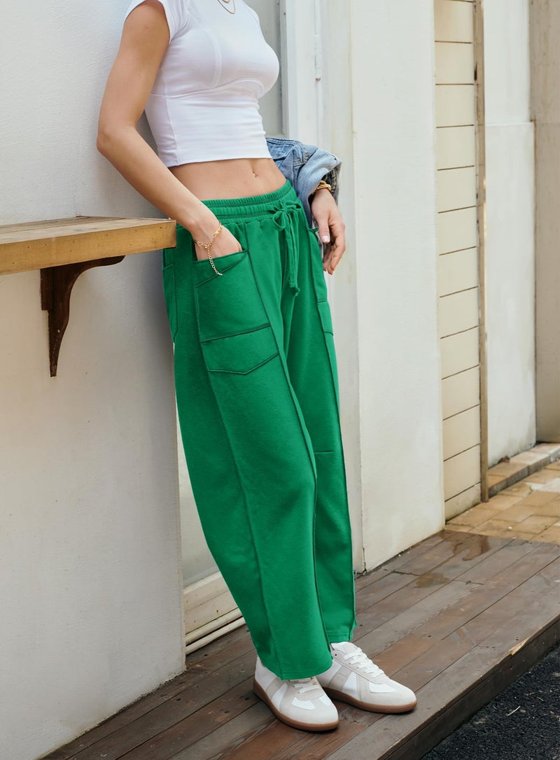Yanekop Womens Baggy Wide Leg Pants Casual Fall Trousers Palazzo Pants Drawstring Waist Barrel Sweatpants with Pockets(Green,L) - Image 4