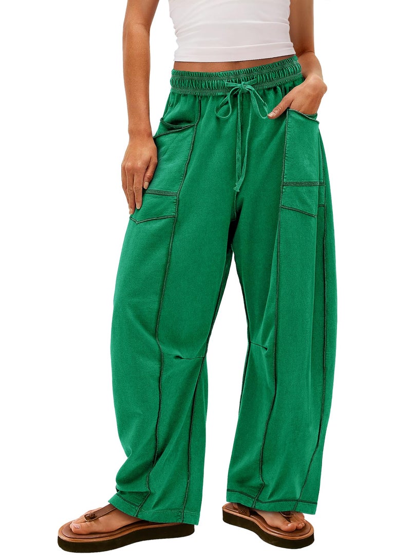 Yanekop Womens Baggy Wide Leg Pants Casual Fall Trousers Palazzo Pants Drawstring Waist Barrel Sweatpants with Pockets(Green,L) - Image 1