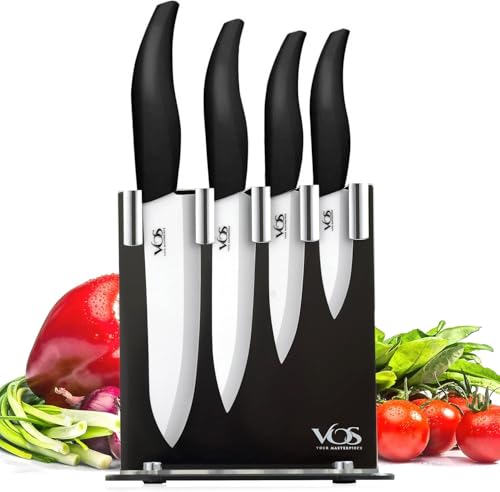 Vos Ceramic Knife Set with Block, Ceramic Knives Set For Kitchen, Ultra Sharp Kitchen Knife Set with Covers, 3" 4" 5" 6" Chef Knife, Utility, Paring & Versatile, Lightweight, Dishwasher safe (Black) - Image 1