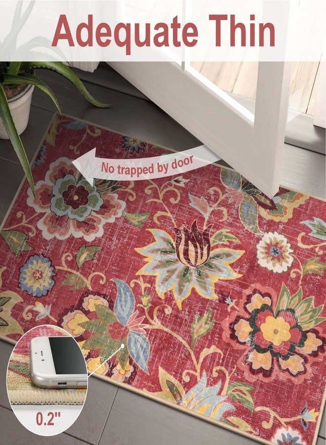 Beeiva Red Kitchen Rugs Non Slip Washable, 2x3 Floral Christmas Kitchen Entry Rug for Entryway Indoor Ultra Thin Small, Vintage Non-Shedding Front Door Mat Indoor Entrance Throw Carpet for Bathroom - Image 3
