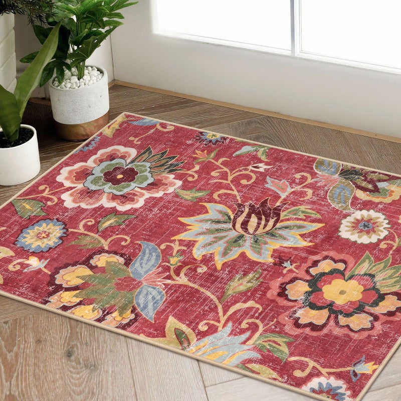 Beeiva Red Kitchen Rugs Non Slip Washable, 2x3 Floral Christmas Kitchen Entry Rug for Entryway Indoor Ultra Thin Small, Vintage Non-Shedding Front Door Mat Indoor Entrance Throw Carpet for Bathroom - Image 1